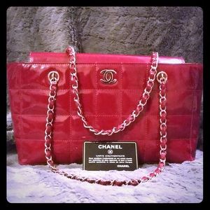 Red Patent Leather Chanel Shoppers Tote